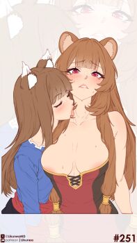 2girls absurdres animal_ear_fluff animal_ears areola_slip bare_shoulders blue_shirt blunt_bangs blush breasts brown_hair cleavage closed_eyes collarbone commentary crossover english_commentary highres holo licking licking_another's_neck likunea long_hair looking_at_viewer medium_breasts multiple_girls parted_lips patreon_logo patreon_username raccoon_ears raccoon_girl raphtalia red_eyes shirt spice_and_wolf sweat tate_no_yuusha_no_nariagari twitter_username twitter_x_logo wolf_ears wolf_girl yuri zoom_layer