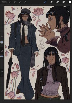 1girl black_hair blue_jacket blunt_bangs blush cigarette commentary crop_top cropped_jacket earrings flower full_body hat highres holding holding_cigarette holding_umbrella hunnismokah jacket jewelry light_smile long_hair looking_at_viewer multiple_views nico_robin one_piece parted_lips petals pink_flower pink_petals ponytail turtleneck umbrella