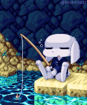 1boy blue_shirt caustics closed_eyes commentary doukutsu_monogatari drooling english_commentary fishing fishing_rod furry furry_male kanpachi_(cave_story) kris_(dogboykris) lowres male_focus mimiga open_mouth pixel_art rock shirt sitting sleeping solo twitter_username water