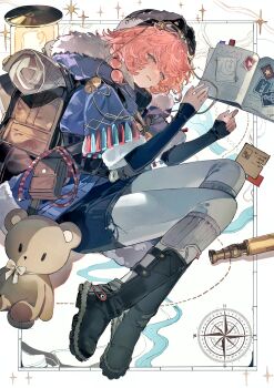 Rule 34 | 1girl, absurdres, backpack, bag, black boots, black sweater, blue eyes, boots, brown hat, chinese commentary, coat, commentary request, compass rose, fetal position, full body, fur-trimmed coat, fur trim, goggles, goggles on headwear, grin, hand up, hands up, hat, highres, lying, monocular, nautika (reverse:1999), notebook, on side, pants, pink hair, poxiao buff, purple coat, reverse:1999, smile, solo, sparkle, stuffed animal, stuffed toy, sweater, teddy bear, trapper hat, white background, white pants