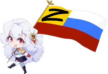 Rule 34 | 1girl, aiguillette, alpha (alpha 1918), black skirt, blue sash, blush, buttons, chibi, collar, epaulettes, findoworld, flagpole, fluffy, fluffy hair, full body, gloves, gold buttons, gold trim, hair ornament, holding, holding pole, imperial russian flag, long hair, looking at viewer, marching, military, military uniform, non-web source, open mouth, original, pole, red eyes, russian empire, russo-ukrainian war, sash, simple background, skirt, smile, solo, teeth, thighhighs, upper teeth only, very long hair, white background, white hair, white thighhighs, z (russian symbol)