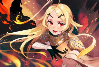 1girl absurdres ahoge armor black_gloves blonde_hair blush cape commentary_request fiery_hair fire gloves gradient_hair highres huge_ahoge long_hair lower_teeth_only midriff multicolored_hair navel open_mouth orange_hair red_eyes red_hair solo suyansuya teeth teoritta very_long_hair yuushakei_ni_shosu