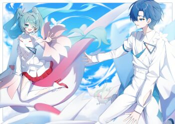 1boy 1girl absurdres altaria aqua_eyes aqua_hair arm_cutout blue_eyes blue_hair boots cape clothing_cutout cloud collared_shirt commentary crossover day dress floating_hair flower flower_on_shoulder flygon flying frilled_dress frills gen_3_pokemon hair_ornament hair_over_one_eye hatsune_miku highres kaito_(vocaloid) latias latios legendary_pokemon long_hair long_sleeves mugen_no_ticket_(vocaloid) nintendo open_mouth outstretched_arm pants parted_hair petticoat pokemon pokemon_(creature) project_voltage reaching reaching_towards_another red_trim riding riding_pokemon shirt short_hair sidelocks sky sora_(men0105) swablu tareme thigh_boots tsurime twintails very_long_hair very_short_hair vocaloid white_boots white_cape white_dress white_pants white_shirt wide_sleeves wind
