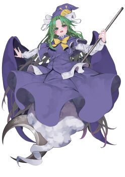 Rule 34 | 1girl, blue capelet, bow, bowtie, capelet, commentary request, crescent, dot nose, full body, ghost tail, green eyes, green hair, hat, highres, holding, holding staff, kararage tsune, long hair, long sleeves, looking at viewer, mima (touhou), open mouth, outstretched arms, parted bangs, purple hat, purple skirt, purple vest, shirt, simple background, skirt, smile, solo, spread arms, staff, sun print, teeth, touhou, touhou (pc-98), upper teeth only, vest, white background, white shirt, wings, wizard hat, yellow bow, yellow bowtie