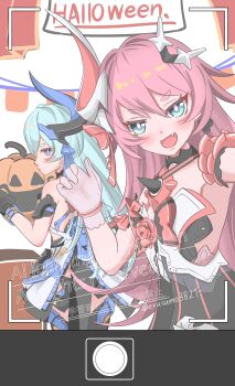 2girls :d absurdres black_dress blue_eyes blue_hair commentary_request dress erasumo3821 fang gloves hair_intakes halloween hand_up highres honkai_(series) honkai_impact_3rd horns jack-o&#039;-lantern liliya_olenyeva long_hair multiple_girls open_mouth pink_hair purple_eyes rozaliya_olenyeva see-through_clothes see-through_gloves short_eyebrows siblings single_horn sisters smile thick_eyebrows twitter_username v-shaped_eyebrows very_long_hair watermark white_dress