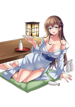 1girl barefoot blush boku_no_kanojo_sensei breasts brown_hair cleavage crossed_bangs cushion drinking earrings feet female_focus fujiki_maka hand_up highres holding japanese_clothes jewelry kimono large_breasts legs long_hair looking_at_viewer no_bra no_panties off-shoulder_kimono off_shoulder oryo_(oryo04) parted_lips purple_eyes sdwing simple_background sitting smile solo table thighs white_background yukata