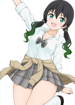 1girl absurdres alternate_hairstyle black_hair bow collarbone commentary_request green_eyes green_hair gyaru gyarugasaki happy highres kogal kurono_(pixiv1905129) long_hair love_live! love_live!_nijigasaki_high_school_idol_club open_mouth school_uniform shirt simple_background skirt solo standing takasaki_yu teeth upper_teeth_only white_background white_shirt