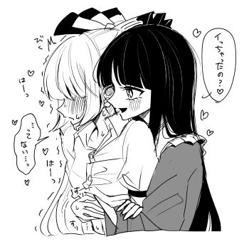 2girls blush bow collared_shirt commentary_request female_orgasm fujiwara_no_mokou greyscale hair_bow hand_under_clothes hand_under_shirt heart highres houraisan_kaguya long_hair monochrome multiple_girls open_mouth orgasm shirt smile speech_bubble spoken_heart sweat tamiko_(tamik0224) touhou translation_request trembling yuri