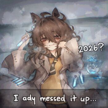 1girl 2026 agnes_tachyon_(tach-nology)_(umamusume) agnes_tachyon_(umamusume) ahoge animal_ears black_necktie blush broken_glass brown_hair coat commentary cork doktahzaki earrings english_commentary english_text failure glass hair_between_eyes highres holding holding_test_tube horse_ears horse_girl jewelry lab_coat long_sleeves necktie open_mouth red_eyes short_necktie single_earring sleeves_past_fingers sleeves_past_wrists solo sweater sweater_vest test_tube umamusume white_coat wolf_cut yellow_sweater yellow_sweater_vest