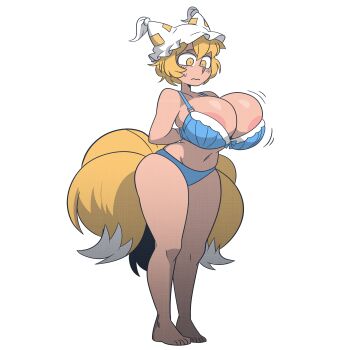 1girl 3: absurdres animal_ears areola_slip arms_behind_back barefoot blonde_hair blue_bra blue_panties bra breasts cleavage commentary commission fox_ears fox_tail frilled_bra frills full_body hat highres kitsune large_breasts mob_cap motion_lines multiple_tails panties sayasushiswag short_hair solo standing tail touhou underwear vanripper_(style) white_background yakumo_ran yellow_eyes