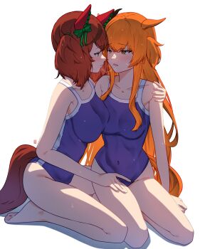 2girls absurdres after_kiss animal_ears bare_arms blue_one-piece_swimsuit commentary hand_on_another&#039;s_shoulder hand_on_another&#039;s_thigh highres horse_ears horse_girl horse_tail mayano_top_gun_(umamusume) multiple_girls nice_nature_(umamusume) one-piece_swimsuit orange_eyes orange_hair red_hair saliva saliva_trail seiza simple_background sitting staz008 swimsuit tail twintails umamusume white_background yuri