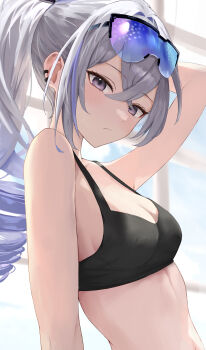 1girl absurdres black_bra blush bra breasts closed_mouth commentary crossed_bangs ear_piercing english_commentary eyewear_on_head grey_hair high_ponytail highres honkai:_star_rail honkai_(series) looking_at_viewer medium_breasts piercing ponytail purple_eyes silver_wolf_(honkai:_star_rail) solo tinted_eyewear underwear upper_body vivid_(vividusss) window