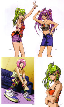 3girls absurdres beatmania_iidx bemani blue_skin breasts camisole colored_skin couch goli_matsumoto green_eyes green_hair grey_tube_top grin hair_ornament hair_ribbon hairclip hand_on_own_hip highres indoors jewelry kitami_erika long_hair looking_at_viewer medium_breasts mizushiro_celica multicolored_thighhighs multiple_girls multiple_views necklace nyah official_alternate_costume official_art pink_eyes pink_hair purple_eyes purple_hair purple_shorts red_camisole red_ribbon ribbon scan shoes short_hair shorts siblings side_ponytail simple_background sisters sitting smile sneakers strapless striped_clothes striped_thighhighs sunglasses thighhighs third-party_source tube_top twins twintails unworn_eyewear w white_background white_shoes