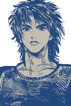 1boy blue_theme collarbone eyelashes facing_viewer floating_hair hashtag-only_commentary highres jojo_no_kimyou_na_bouken jonathan_joestar looking_at_viewer male_focus medium_hair monochrome my_nameisyoon nose phantom_blood portrait shirt shoulder_pads simple_background sleeveless sleeveless_shirt thick_eyebrows thick_lips trapezius v-shaped_eyebrows white_background