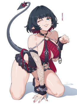 1girl absurdres animal_ears bare_shoulders black_hair black_one-piece_swimsuit breast_curtains breasts choker commentary english_commentary fishnet_sleeves fishnets green_eyes highres jane_doe_(nocturne_of_light)_(zenless_zone_zero) jane_doe_(zenless_zone_zero) kneeling large_breasts long_hair looking_at_viewer melowh mouse_ears mouse_girl mouse_tail multicolored_hair o-ring o-ring_choker o-ring_swimsuit official_alternate_costume one-piece_swimsuit paw_pose red_hair red_one-piece_swimsuit sharp_tail smile solo swimsuit tail two-tone_one-piece_swimsuit zenless_zone_zero