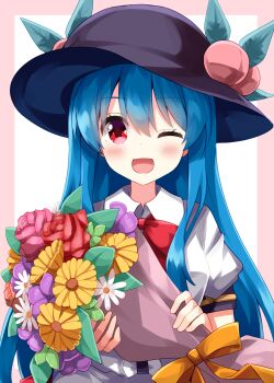 Rule 34 | 1girl, ;d, black hat, blue hair, blush, border, bouquet, bow, bowtie, collared shirt, commentary request, flower, hat, hat ornament, highres, hinanawi tenshi, holding, holding bouquet, leaf hat ornament, long hair, looking at viewer, one eye closed, open mouth, outside border, peach hat ornament, pink border, red bow, red bowtie, red eyes, ribbon, ruu (tksymkw), shirt, short sleeves, simple background, smile, solo, touhou, upper body, white background, white shirt, yellow ribbon