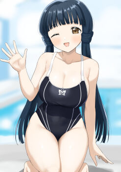 1girl :d absurdres animal_print arm_at_side black_one-piece_swimsuit blue_hair blunt_bangs blunt_ends blurry blurry_background blush breasts brown_eyes butterfly_print cleavage collarbone competition_swimsuit dot_nose eyelashes hand_up highres idolmaster idolmaster_million_live! idolmaster_million_live!_theater_days indoors kitakami_reika kneeling large_breasts long_hair looking_at_viewer official_alternate_costume one-piece_swimsuit one_eye_closed open_hands open_mouth pool poolside sidelocks smile solo swimsuit tokimenzen very_long_hair wave_makers!_(idolmaster)