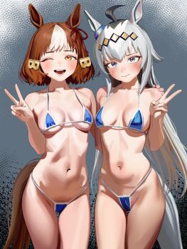 2girls animal_ears belno_light_(umamusume) bikini blue_eyes blush breasts brown_hair commentary_request embarrassed female_pubic_hair grey_hair highres horse_ears horse_girl horse_tail kingrun long_hair looking_at_viewer medium_breasts multicolored_hair multiple_girls navel oguri_cap_(umamusume) one_eye_closed open_mouth orange_eyes pubic_hair pubic_hair_peek smile swimsuit tail two-tone_hair umamusume umamusume:_cinderella_gray v
