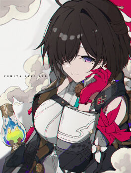 1girl absurdres arm_ribbon atelier_(series) atelier_yumia between_breasts breasts brown_hair chest_belt commentary corset gloves grey_corset gugugu_official hair_between_eyes highres light_smile mole mole_under_eye oil_lamp purple_eyes red_gloves ribbon short_hair simple_background strap_between_breasts yumia_liessfeldt