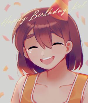 1boy blush brown_hair closed_eyes collarbone commentary confetti dark-skinned_male dark_skin double-parted_bangs hair_between_eyes happy_birthday hat highres kel_(faraway)_(omori) kel_(omori) omo_taru omori open_mouth party_hat short_hair smile solo symbol-only_commentary tearing_up teeth upper_body upper_teeth_only