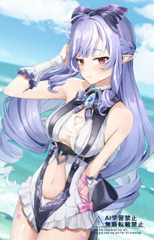 1girl absurdres bare_shoulders blue_sky bow bowtie breasts casual_one-piece_swimsuit closed_mouth clothing_cutout commentary cowboy_shot cyclone_tarou day hair_bow heart_cutout highres light_blush long_hair looking_at_viewer md5_mismatch medium_breasts multicolored_hair navel ocean official_alternate_costume one-piece_swimsuit outdoors pointy_ears purple_bow purple_bowtie purple_hair red_eyes sidelocks sky solo stomach stomach_cutout streaked_hair swimsuit thighs very_long_hair vivian_banshee vivian_banshee_(iris_of_the_shore) white_one-piece_swimsuit zenless_zone_zero