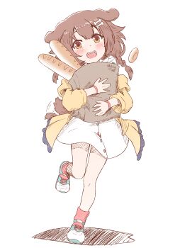 1girl :3 absurdres animal_ears bag baguette blush bone_hair_ornament braid bread brown_eyes commentary dog_ears dog_girl dog_tail fangs food full_body hair_ornament highres holding holding_bag hololive hood hooded_jacket inugami_korone inugami_korone_(1st_costume) jacket long_hair long_sleeves looking_at_viewer nabe-san off_shoulder open_clothes open_jacket open_mouth paper_bag shoes skirt smile sneakers solo standing standing_on_one_leg tail tail_wagging twin_braids virtual_youtuber wristband