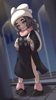 1girl :o ansha_(pokemon) backpack bag black_coat black_shoes blue_eyes coat eyelashes full_body hat head_tilt highres holding_strap leg_warmers long_hair mixed-language_commentary negaska nintendo pigeon-toed pink_leg_warmers pink_scarf pokemon pokemon_legends:_z-a scarf shirt shoes solo standing white_bag white_hat white_shirt