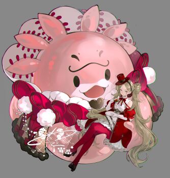 1girl absurdres animal bare_shoulders black_hairband black_shoes block_heels blonde_hair bow bowtie brooch carrying carrying_person chinese_commentary closed_mouth clothed_animal commission creature crossed_legs cup dress earrings elbow_gloves empire_waist feet_out_of_frame floating_earrings freeze_(867139) full_body gem gloves grey_background hair_rings hairband hat heart heart_brooch high_heels highres holding holding_cup holding_saucer jewelry light_smile long_hair looking_at_viewer medium_dress mini_hat mini_top_hat neck_ruff original overskirt pantyhose parted_bangs pink_eyes pink_gemstone puffy_short_sleeves puffy_sleeves red_bow red_bowtie red_hat red_pantyhose red_skirt red_sleeves saucer shoes short_sleeves sideways_glance sitting skirt solo tea teacup tilted_headwear top_hat twintails very_long_hair watermark white_dress white_gloves