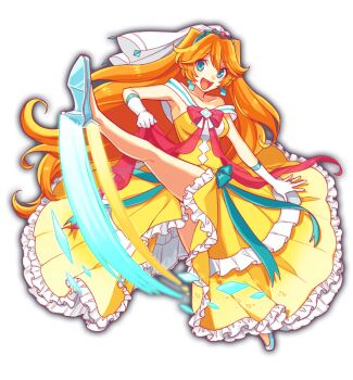 1girl anime_coloring aqua_eyes aqua_ribbon aqua_shoes aqua_tiara artist_request attack_trail blush_stickers breasts cinderella_(crash_fever) clenched_hand collarbone crash_fever dress dress_ribbon earrings frilled_dress frills full_body game_cg glass_slipper gloves hair_between_eyes happy high_heels high_kick jewelry kicking large_breasts long_dress long_hair medium_breasts no_socks number_print numbered off-shoulder_dress off_shoulder official_art open_hand open_mouth orange_hair outline petticoat red_outline red_ribbon ribbon ring shoes simple_background solo square square_print tachi-e third-party_source tiara tongue transparent_background veil very_long_hair wavy_hair white_gloves white_veil yellow_dress