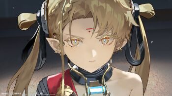 1girl absurdres bare_shoulders blonde_hair closed_mouth copyright_name copyright_notice earrings facial_mark forehead_mark grey_background highres jewelry logo long_hair looking_at_viewer mole mole_under_eye official_art official_wallpaper pointy_ears portrait solo twintails v-shaped_eyebrows verne_(xinyue_tongxing) xinyue_tongxing yellow_eyes