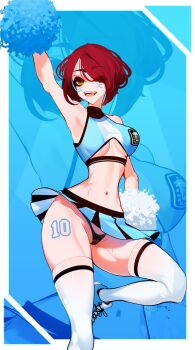 1girl absurdres argentina argentinian_flag arm_up armpits bare_shoulders black_eyeshadow black_panties black_shirt black_skirt blue_background blue_footwear blue_shirt blue_skirt border breasts cheerleader clothes_lift cropped_shirt eyebrows eyelashes eyeliner eyeshadow female_focus foot_out_of_frame foot_up green_eyes hand_on_own_hip highleg highleg_panties highres leg_tattoo looking_at_viewer makeup medium_breasts medium_hair midriff miniskirt multicolored_shirt navel number_tattoo one_eye_closed original outstretched_arm panties pom_pom_(cheerleading) red_hair sachiko_shirayuki shirt shoes simple_background skirt skirt_lift sleeveless sleeveless_shirt sneakers standing standing_on_one_leg tattoo thighhighs two-tone_footwear two-tone_skirt underwear white_border white_footwear white_shirt white_thighhighs