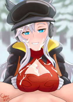 1boy 1girl black_jacket blue_eyes breasts ciderwrath cleavage_cutout clothing_cutout cum cum_on_body cum_on_hair dragalia_lost ear_covers earmuffs facial forest gloves goggles goggles_on_head highres ilia_(dragalia_lost) ilia_(dragonyule)_(dragalia_lost) jacket large_breasts looking_at_viewer nature open_clothes open_jacket open_mouth paizuri red_shirt shirt signature snow white_gloves white_hair