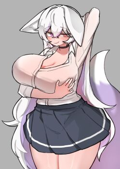 animal_ear_fluff animal_ears arm_behind_back black_choker black_skirt blush breasts choker ears_down grabbing_own_breast grey_background hair_intakes highres huge_breasts kim_aendeo large_tail long_hair looking_at_viewer no_bra original pleated_skirt plump purple_eyes purple_tail red_eyes school_uniform see-through_clothes see-through_shirt shirt shirt_tucked_in skirt smirk tail thick_thighs thighs tsurime unkempt very_long_hair white_hair white_shirt wolf_ears wolf_girl wolf_tail