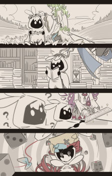 5girls ? @_@ absurdres bookshelf cape ceres_fauna ceres_fauna_(1st_costume) cloak cloud cloudy_sky computer_keyboard dice dress field flower flower_field green_hair hakos_baelz hakos_baelz_(1st_costume) head_wreath highres holding_computer_keyboard hololive hololive_english holopromise hood hood_up hooded_cloak irys_(hololive) irys_(irys_2.0)_(hololive) multiple_girls mumei_(song)_(hololive) nanashi_mumei onecolo133 ouro_kronii ouro_kronii_(1st_costume) partially_colored reading sky smile sparkle spiral upside-down virtual_youtuber