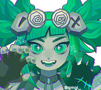 1girl :d claw_pose fingerless_gloves fright_night_zeri gloves goggles goggles_on_head green_eyes green_hair highres league_of_legends nw_(qmgi_) open_mouth portrait sharp_teeth smile solo sparkle teeth zeri_(league_of_legends)