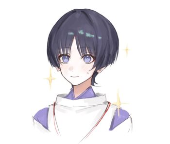 1boy blunt_ends blush closed_mouth commentary_request cropped_torso eyeliner genshin_impact japanese_clothes kariginu kimono korean_commentary layered_sleeves looking_past_viewer makeup male_focus nervous_smile parted_bangs portrait purple_eyes purple_kimono purple_sleeves red_eyeliner scaramouche_(genshin_impact) scaramouche_(kabukimono)_(genshin_impact) smile solo string sweatdrop white_background wispy_bangs x_makila