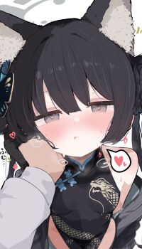 1girl absurdres animal_ear_fluff animal_ears black_dress black_gloves black_hair blue_archive blush breasts china_dress chinese_clothes commentary double_bun dress gloves grey_eyes hair_bun halo heart heart-shaped_pupils highres kemonomimi_mode kisaki_(blue_archive) long_hair looking_at_viewer nyashiro_(sgylk) pov revision small_breasts spoken_heart symbol-shaped_pupils twintails