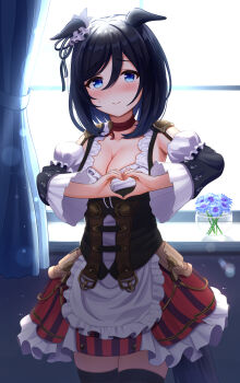 1girl animal_ears black_hair black_thighhighs blue_eyes blue_flower blush bob_cut bodice breasts choker cleavage commentary_request cornflower cowboy_shot detached_sleeves dirndl ear_scrunchie eishin_flash_(meisterschaft)_(umamusume) eishin_flash_(umamusume) embarrassed flower german_clothes hair_between_eyes heart heart_hands highres horse_ears horse_girl horse_tail kashmir_0808 looking_at_viewer red_choker scrunchie smile solo sweatdrop tail thighhighs umamusume vase white_scrunchie