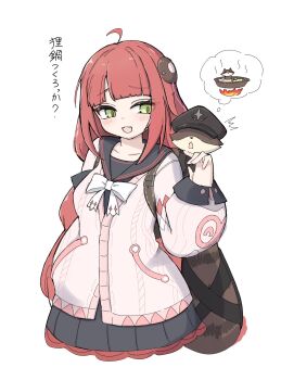Rule 34 | 1girl, ^^^, ahoge, animal on back, black hat, black skirt, blush, braid, braided twintails, cardigan, chest bow, collarbone, commentary request, green eyes, gusumandesuyo, hand up, hat, hearing aid, highres, kamanosuke (zenless zone zero), layered skirt, long hair, looking at animal, open mouth, pink cardigan, raccoon, red hair, simple background, skirt, spoken food, tanuki, translation request, ukinami yuzuha, white background, zenless zone zero