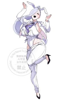 Rule 34 | 1girl, absurdres, animal ears, blue lips, breasts, cleavage, commentary request, eyeliner, fake animal ears, fate/grand order, fate (series), full body, hair over one eye, high heels, high ponytail, highleg, highleg leotard, highres, hiyayaako, jacket, large breasts, leotard, long hair, long sleeves, looking at viewer, makeup, mrs. snake (fate), necktie, open mouth, pants, playboy bunny, ponytail, rabbit ears, smile, solo, white hair, white jacket, white leotard, white pants, yellow eyes