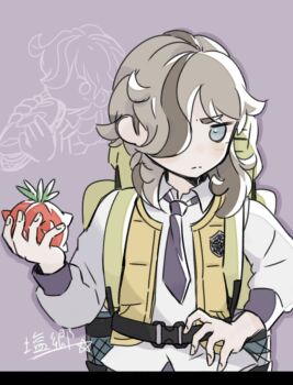 1boy arven_(pokemon) backpack bag brown_hair closed_mouth collared_shirt commentary_request food fruit green_eyes grey_background hair_over_one_eye highres holding holding_food holding_fruit male_focus multiple_views necktie nintendo open_clothes open_vest pokemon pokemon_sv shirt siosato_4213 split_mouth upper_body vest yellow_bag yellow_vest