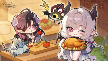 Rule 34 | 2girls, alexi (silver and blood), apple, artist request, black hair, black horns, black wings, breasts, closed mouth, commentary, copyright logo, copyright name, cutting board, demon tail, english commentary, fang, food, fork, fruit, garlic, grey hair, grey horns, holding, holding food, holding fork, holding fruit, holding knife, horns, knife, leaf, livian (silver and blood), logo, long hair, multiple girls, navel, official art, one eye closed, open mouth, pink eyes, pointy ears, purple lips, revealing clothes, silver and blood, tail, thanksgiving, turkey (food), wings