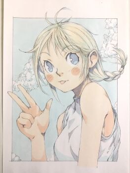 1girl :p blonde_hair blue_eyes blue_sky blush braid breasts closed_mouth cloud commentary highres looking_at_viewer medium_breasts original peter_salt shirt short_hair single_braid sky sleeveless sleeveless_shirt solo tongue tongue_out traditional_media upper_body w white_shirt