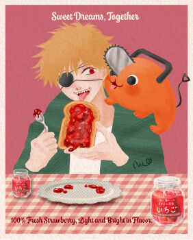 1boy blonde_hair bread bread_slice chainsaw_man commentary_request denji_(chainsaw_man) english_text eyepatch food green_jacket highres hiyo_mimo holding holding_food holding_spoon jacket jam jar plate pochita_(chainsaw_man) red_eyes sharp_teeth shirt spoon table teeth toast white_shirt