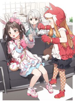 3girls absurdres animal_bag animal_ears animal_hands animal_hood averting_eyes bag bell blunt_bangs border bow bowtie braid brown_eyes brown_hair brown_pantyhose commentary_request couch dress fake_animal_ears fake_tail footwear_bow full_body gloves grey_eyes hair_bow hand_puppet hands_up hat highres hisakawa_nagi hood ichihara_nina idolmaster idolmaster_cinderella_girls indoors long_hair long_sleeves looking_at_another low-tied_sidelocks low_twintails multiple_girls on_couch pantyhose paw_gloves pink_bow pink_bowtie polka_dot polka_dot_pantyhose puppet rabbit_ears red_gloves red_hat red_shoes shoes shoulder_bag sidelocks single_braid sitting smile tachibana_arisu tail tail_bell tail_ornament twintails two_side_up white_border white_dress white_hair white_shoes yukie_(kusaka_shi)