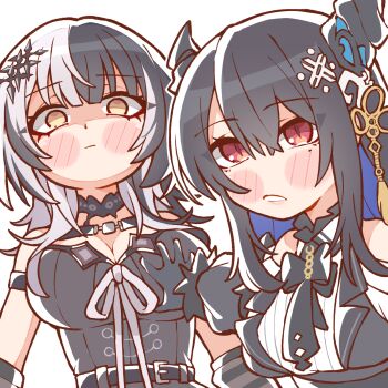 Rule 34 | 2girls, black choker, black hair, black necktie, black vest, blue hair, blush, breasts, chest belt, choker, closed mouth, colored inner hair, demon horns, grabbing another's breast, groping, highres, hololive, hololive english, horns, kukie-nyan, large breasts, long hair, looking at viewer, medium hair, mole, mole under eye, multicolored hair, multiple girls, necktie, nerissa ravencroft, nerissa ravencroft (1st costume), red eyes, shiori novella, shiori novella (1st costume), shirt, split-color hair, two-tone hair, very long hair, vest, virtual youtuber, white background, white hair, white shirt, yellow eyes