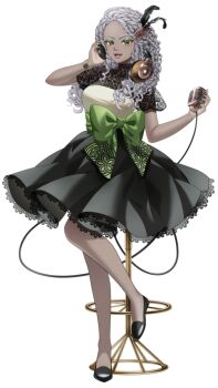 1girl black_shoes bond_en bondlive bow dark-skinned_female dark_skin dress eyeshadow feathers fingernails full_body green_bow green_eyes green_eyeshadow green_nails grey_hair hair_ornament headphones headphones_around_neck holding holding_microphone lace lips looking_at_viewer lyra_honeyheart makeup microphone nail_polish official_art shoes simple_background sitting solo tachi-e transparent_background virtual_youtuber