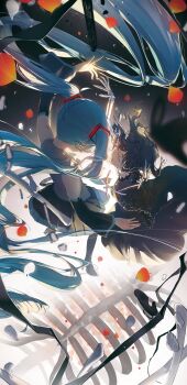 2girls absurdres amputee black_dress black_hair black_skirt blue_hair bone closed_eyes commentary detached_sleeves dress grey_shirt hatsune_miku highres kamatoyu long_hair looking_at_another midair miniskirt mole mole_under_eye multiple_girls number_tattoo otome_kaibou_(vocaloid) pleated_skirt shirt shoulder_tattoo skeleton skirt sleeveless sleeveless_shirt tattoo twintails vocaloid