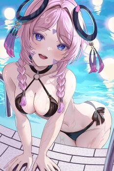 1girl absurdres alternate_costume bare_shoulders bikini black_bikini blue_eyes braid breasts citlali_(genshin_impact) collarbone commentary_request facial_mark floating_headgear forehead_mark genshin_impact hair_intakes headgear highres indoors large_breasts light_blush looking_at_viewer low_twin_braids navel open_mouth pink_hair pink_pupils pool poolside rererere_mon side-tie_bikini_bottom smile solo stomach swimsuit thighs triangle triangle_facial_mark twin_braids wet