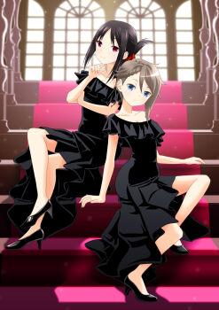 Rule 34 | 2girls, ange (princess principal), black dress, black hair, blue eyes, blurry, braid, breasts, cleavage, collarbone, commentary request, crossover, depth of field, dress, folded ponytail, grey hair, hair between eyes, hair ribbon, high heels, highres, kaguya-sama wa kokurasetai ~tensai-tachi no renai zunousen~, koga aoi, long hair, looking at viewer, multiple girls, princess principal, red eyes, ribbon, shinomiya kaguya, short hair, short sleeves, sidelocks, single braid, sitting, smile, stairs, taniguchi gou, voice actor connection, window